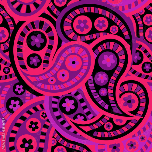Magical Abstract-Paisley Dreams seamless repeat pattern. Vibrant paisley pattern in pink, purple and black. Surface pattern design Perfect for fabric, scrap book,