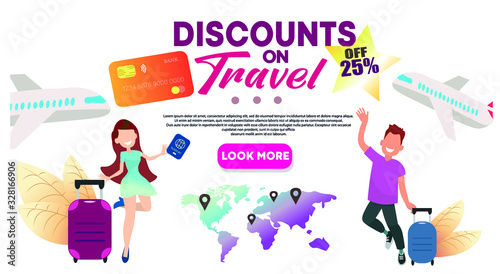 Discounts on trips, tours, holidays abroad. Vector template design for travel agency and travel with travel items. Vector illustration. Скидки на путешествия и туры. Горячие путевки.