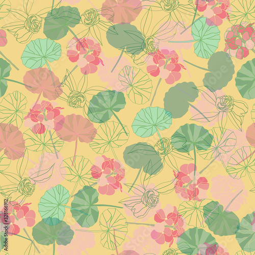Geranium Dream-Flowers in Bloom Seamless Repeat Pattern. Geranium flowers Leaves pattern background in soft pink and green colours on soft yellow background. Perfect for fabric scrapbook wallpaper