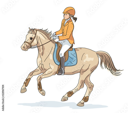 Illustration of a young girl cantering on a big pony.