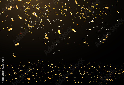 Falling bright shiny gold confetti, stars celebration, serpentine on black background. Confetti flying on the floor. New year, birthday, valentines day design element.