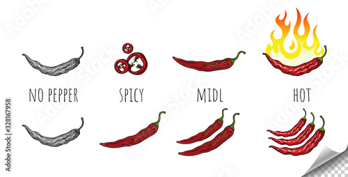 Indicator of the power scale of hot red pepper. Without pepper, with soft, medium, hot. Vector illustration.