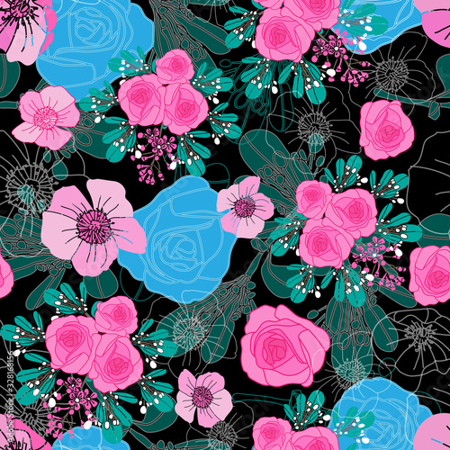 Enchanted Rose-Flowers in Bloom seamless repeat pattern. Multi layer rose, almond tree flowers and leaves pattern background in blue,green,pink,white black. Perfect for fabric, scrapbook,wallpaper