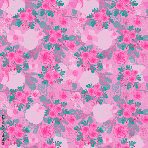 Pink Roses-Flowers in Bloom seamless repeat pattern. Multi Layer rose almond tree flowers and leaves pattern background in green,pink and white. Perfect for fabric, scrapbook,wallpaper