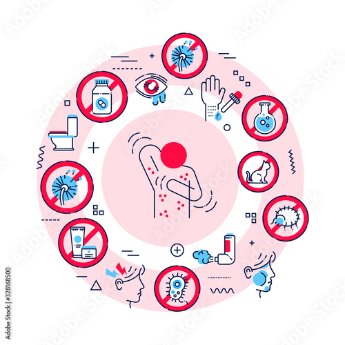 Allergy symptoms web banner. Dermatological, infectious disease. Infographics with linear icons on red background. Creative idea concept. Isolated outline color illustration