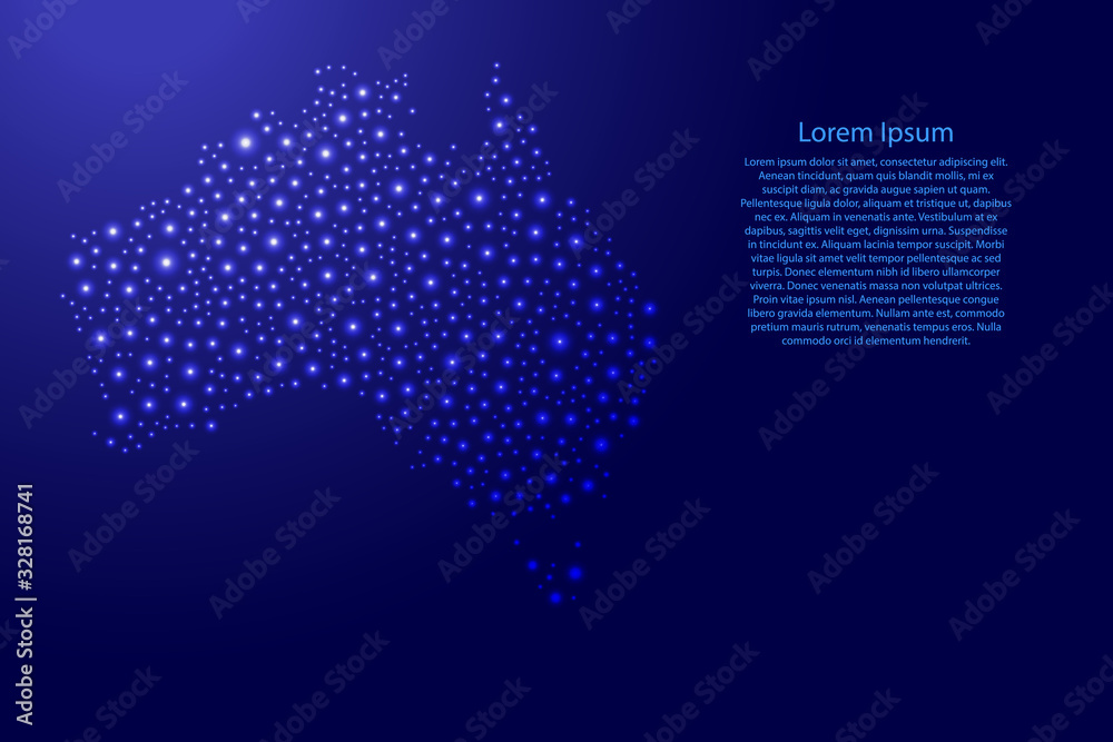 Australia map from blue and glowing space stars abstract concept geometric shape. Vector illustration.