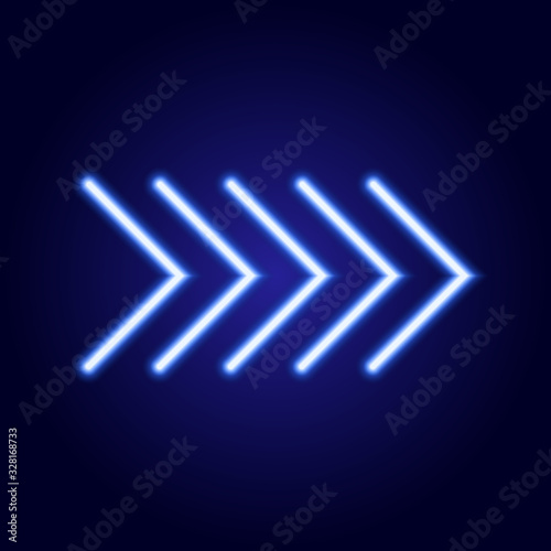 Neon glowing blue arrow pointer luminescence lines on classic blue dark background. Vector illustration.