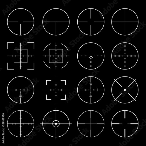 Pack of sniper rifle aims isolated. Crosshairs target choose destination icons. Aim shoot focus cursor. Bullseye mark targeting. Game aiming sight dot pointer set. Vector illustration