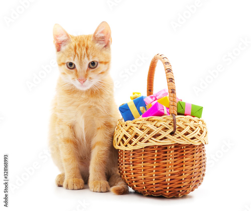 Little cat in the basket with a gifts. © ANASTASIIA
