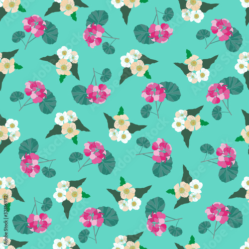 Fresh Blossom-Flowers in Bloom Seamless Repeat Pattern. Fresh colourful flowers pattern background in pink,yellow.white and green. Surface pattern design. Perfect for fabric, scrapbook,wallpaper