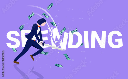 Cut spending - Woman cutting the word spending with a sword with cash flying around. Personal finance for women, and saving money concept. Vector illustration.