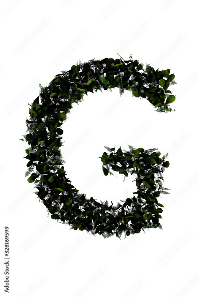 Letter G made of flowers and grass isolated on white. 3d illustration