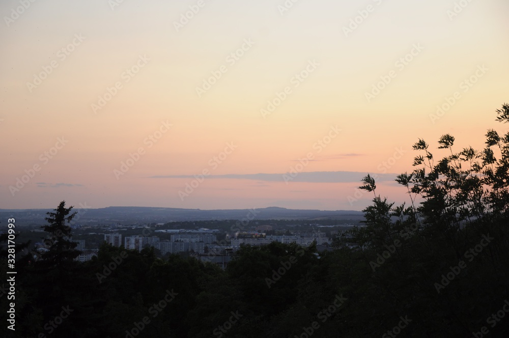 Obraz premium Sunset over the city in the distance and the silhouettes of tree branches.