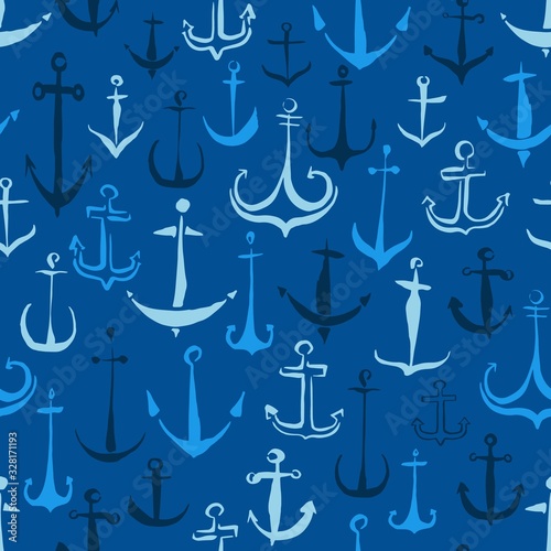 Anchors seamless pattern hand painted with ink brush