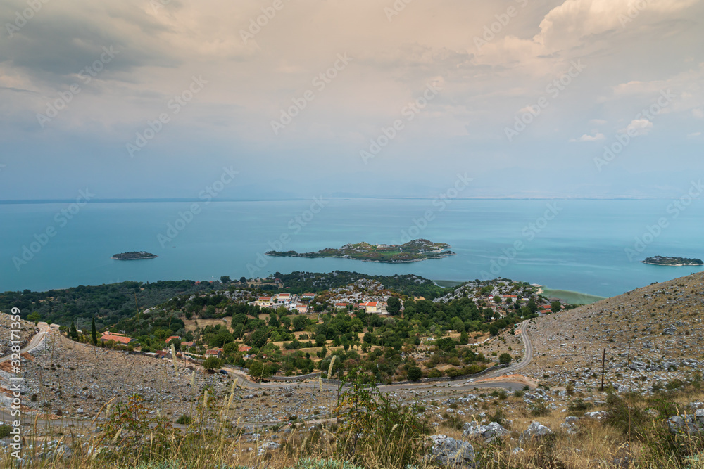 Murichi. General view from the mountain. Views of Skadar lake and female Beska monastery on the island. Montenegro. Murichi. General view from the mountain. Views of Skadar lake and female Beska monastery on the island. Montenegro.