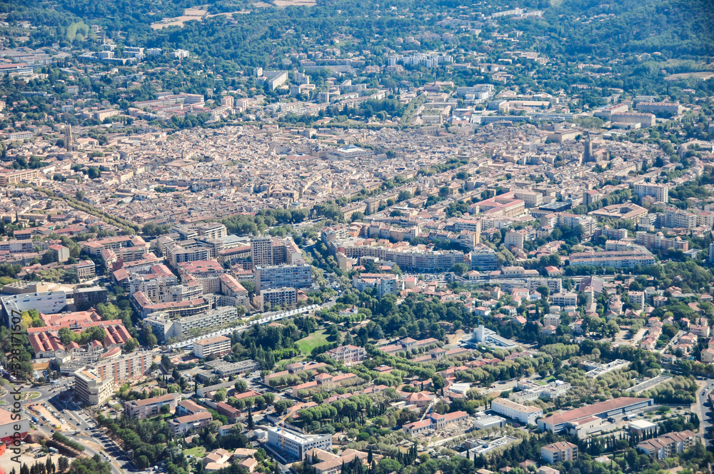 Aerial shot of the city of Aix en Provence in the south of France near Marseille, and its well known Cours Mirabeau