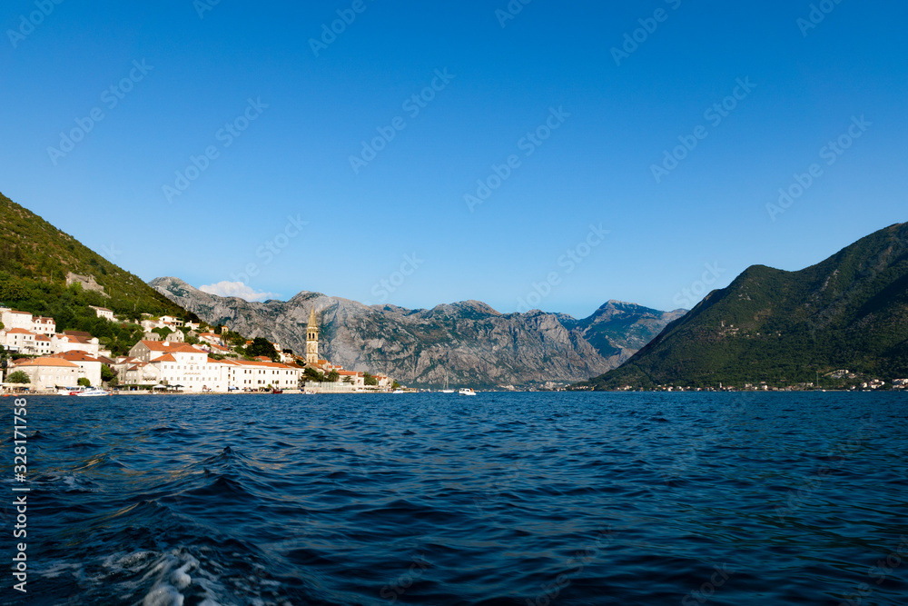 Perast. boat Trip. View from the sea.  Montenegro. Bay of Kotor