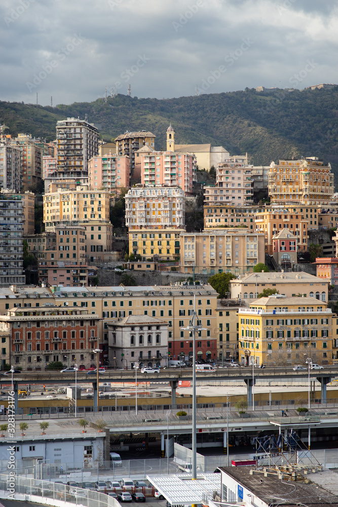 Architecture of the Old Port area of Genoa. View from the sea. Italy