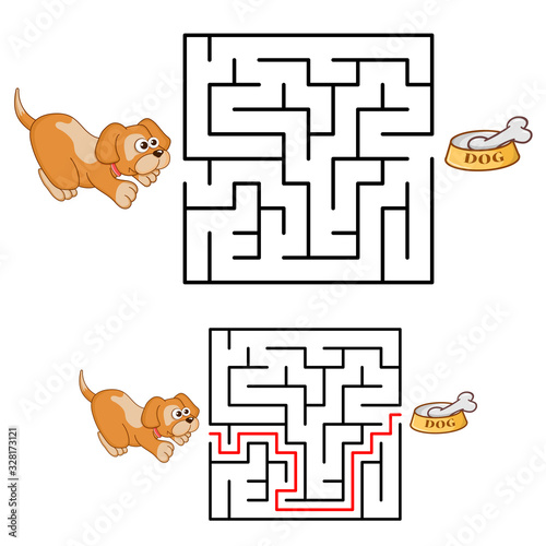 Maze or Labyrinth for Children with Cartoon Dog and Bone. Find right way. Simple square maze with answer. Entry and exit. Children puzzle game. Education Labyrinth conundrum. Logic Games for kids. photo