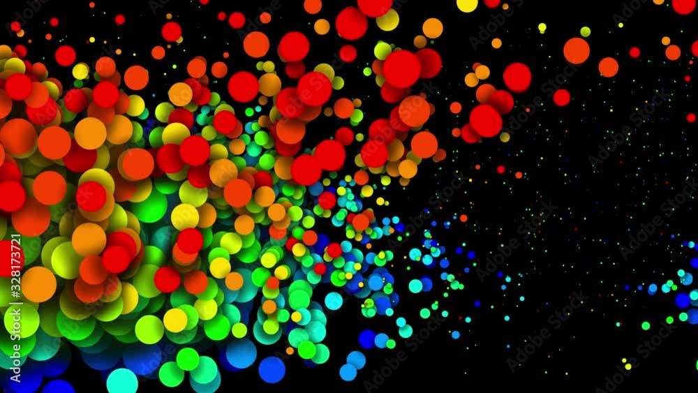 Circles decrease and increase in waves. 4k looped seamless abstract background. Gradient rainbow color on particles like paint bubbles or dye droplets in water in flat style. Luma matte 4