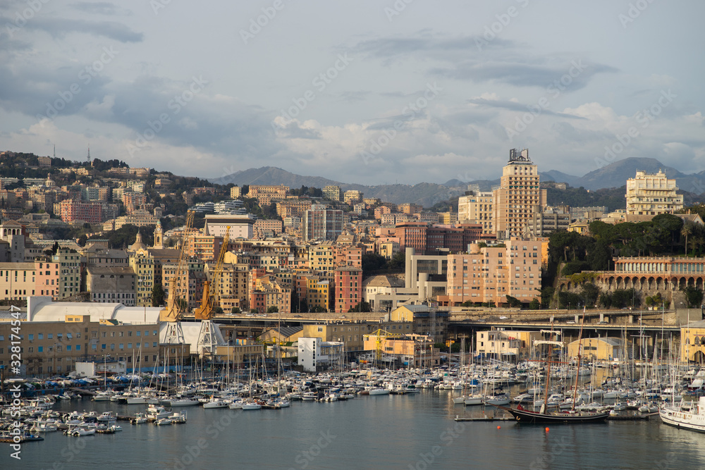 Panoramic view port of Genoa with lots boats in harbour in a summer day, Italy