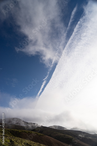 Unusual clouds on the sky with Panoramic view of mountain with Volcanic landscape. Laugavegur trek in Iceland
