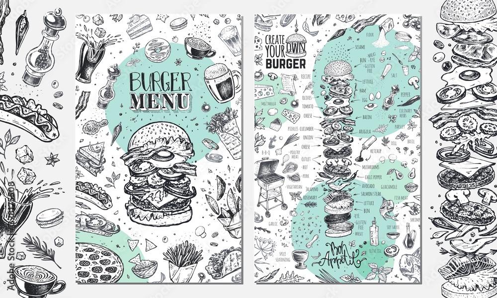 Fototapeta Burger menu. Vintage template with hand drawn sketches of hamburger and infographic with fast food ingredients. Engraving style vector icons - pizza, tacos, barbecue, beverages and sweets