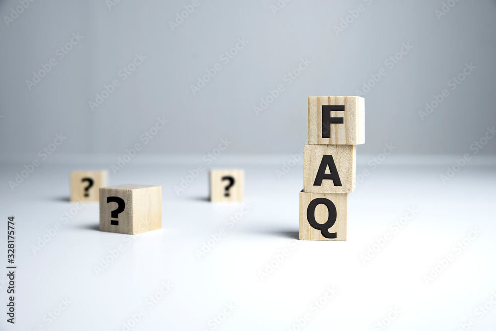 text of FAQS on wooden cubes, faq concept. - obrazy, fototapety, plakaty 