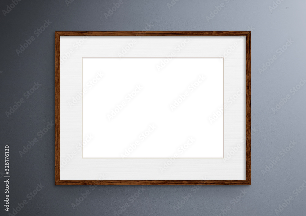 Empty frame. Blank dark wood mounted landscape frame on grey wall Empty frame. Blank dark wood mounted landscape frame on grey wall