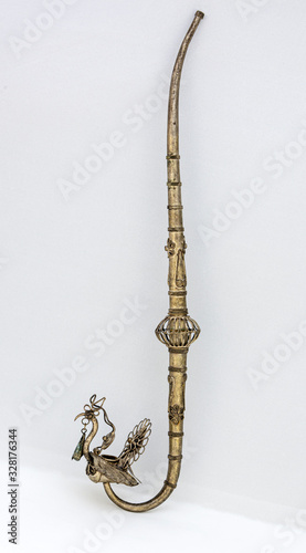 Canvas Print A shot of a very old Thai peacock Opium Pipe, in Paktong Filigree