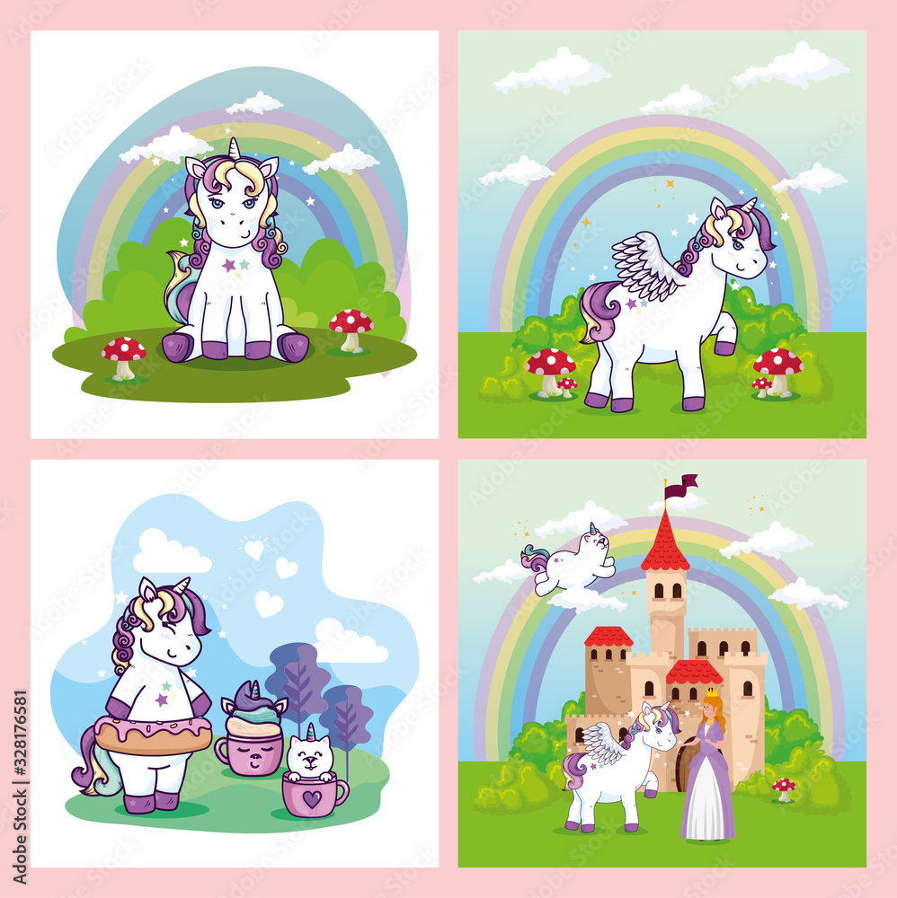Fototapeta premium set designs of unicorns and cute icons