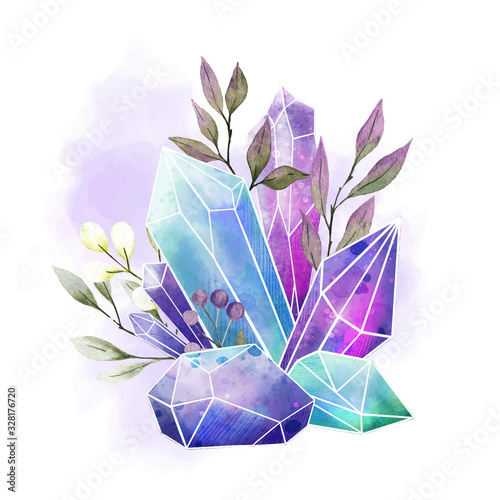 Watercolor gems, crystals and leaves, hand drawn watercolor
