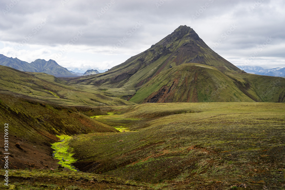 Green field with moss and mountain peak on the Laugavegur hiking trail, Iceland
