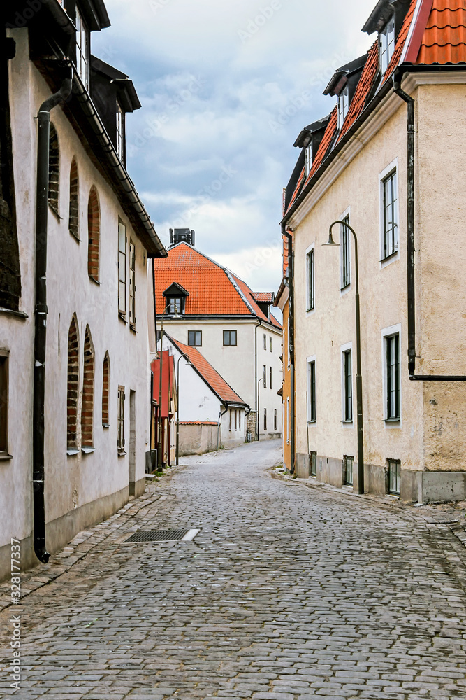 street view with old buildings in Visby old town in Sweden