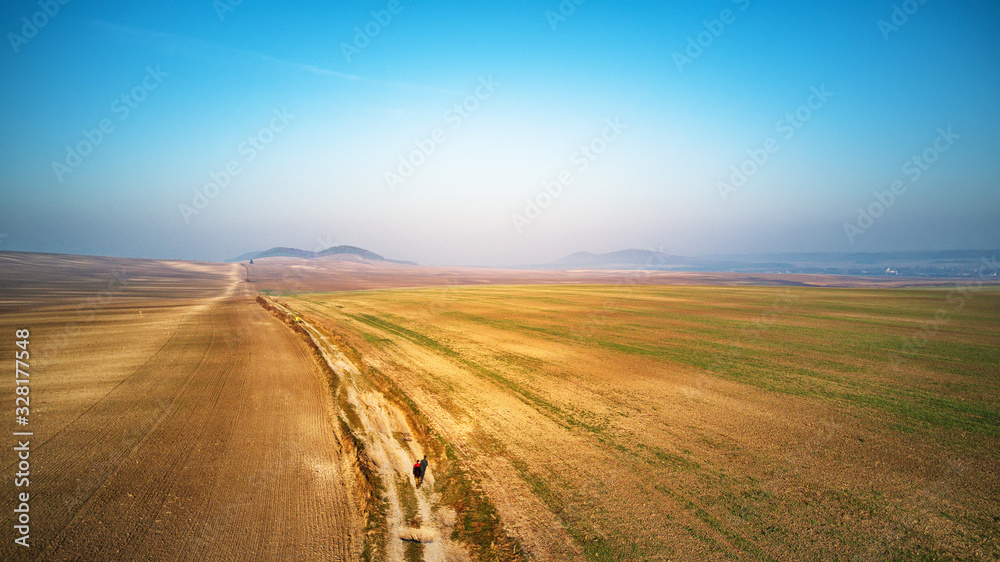 Aerial view of ploughed agricultural field. Dirt road through arable land Panorama