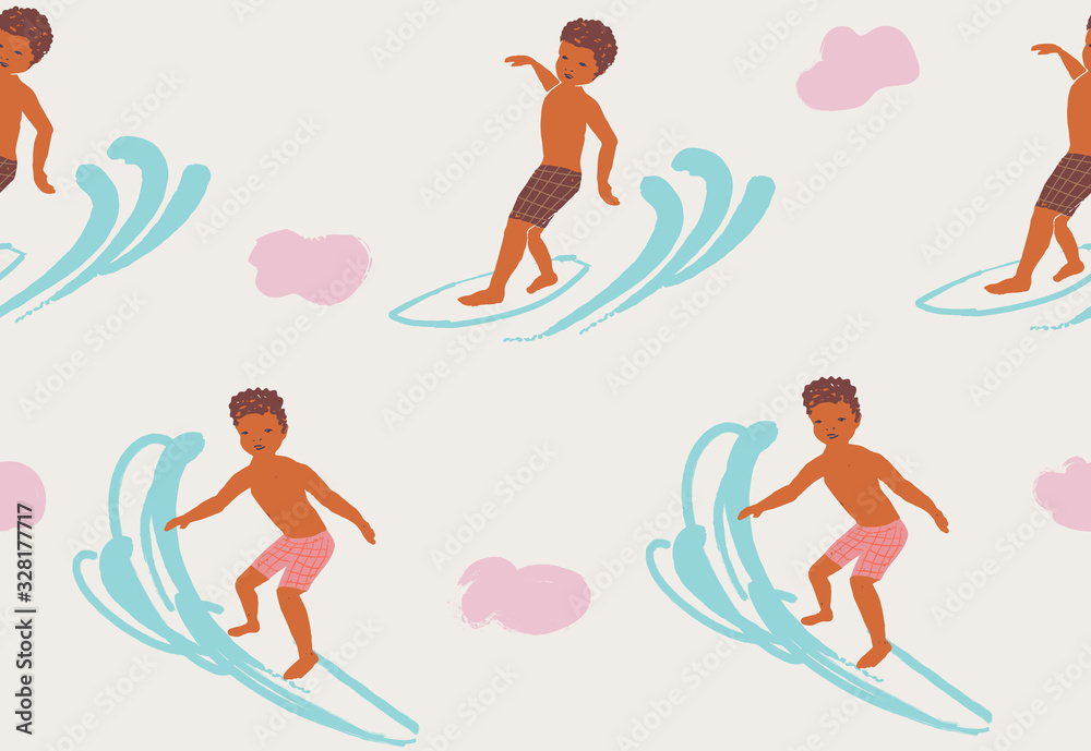 Seamless pattern with afroamerican boy surfing.