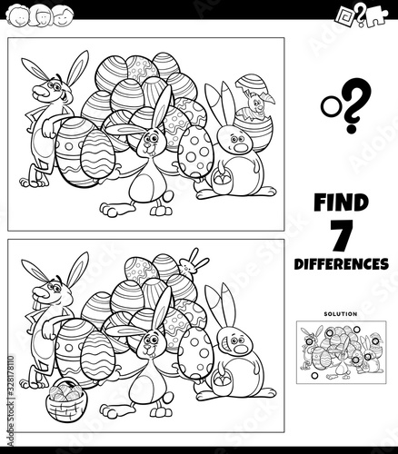 differences coloring task with cartoon Easter characters
