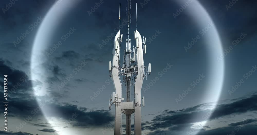 Time lapse of Cell tower antennas transmitting data, repeaters for mobile communications and the Internet, GPS, cellphone, 3G, 4G and 5G telecommunication tower with moving clouds, storm. 4K