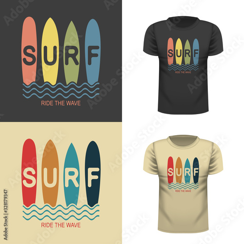 Surf wear typography emblem. Ride the wave.  Surfing t-shirt graphic design. Surfers print stamp. Creative design. Vector.
