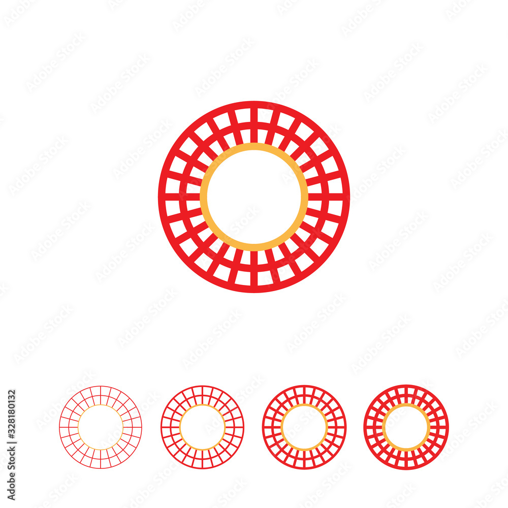 Abstract round disc shaped symbol. Logo mosaic positive vector illustration. Linear circle form. Geometric rectangles are bended around circle.