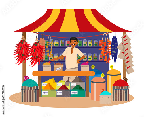 Indian man selling spices in street shop. Trade fair stall. Chili pepper, dries fruits, cinnamon. Flat vector illustration.