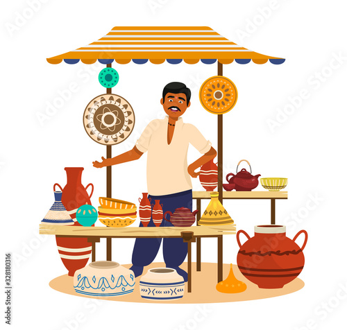Vector illustartion of ceramic street shop with seller. Painted jars, bowls, tea pots, dishes, vases, amphora. Asian man. Trade fair. Flat cartoon style.