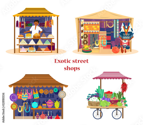 Set of exotic street shops in flat cartoon style. Asian market set. Vegetables cart, sweets shop with merchant, fabrics and carpets shop,  Mexican souvenirs. Trade fair. Flat design.