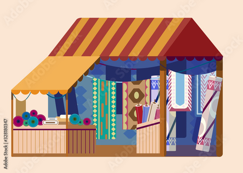 Fabric street store with lots of carpets. Trade fair. Flat vector illustration.