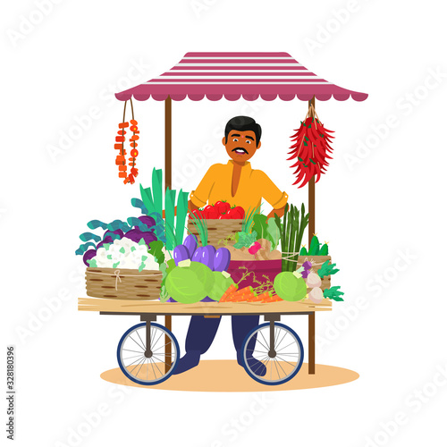Asian merchant selling vegetables from cart. Indian character. Isolated on white. Flat cartoon vector.