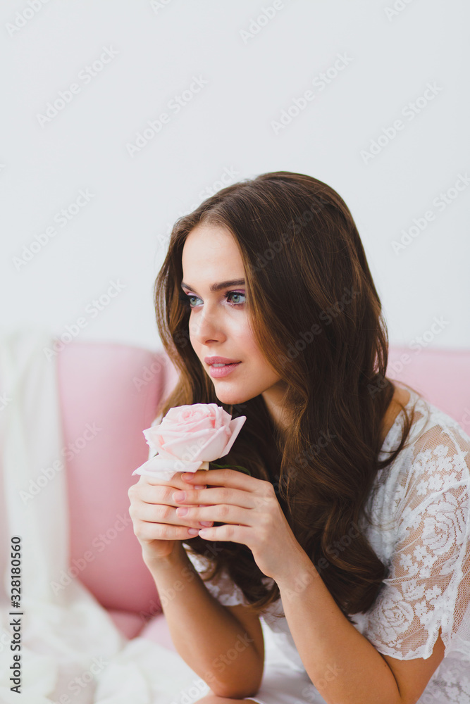 Close-up portrait of young beautiful model with rose Close-up portrait of young beautiful model with rose