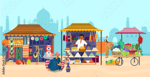 Vector illustration of Asian market with different shops and people. Elephant rider, Taj Mahal silhouette, souvenir shop, sweets shop, pottery, carpets, fabrics, vegetables, man smoking hookah.