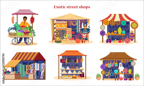 Vector set of exotic street shops in flat cartoon style. Asian market set. Vegetables cart with merchant  pottery shop  fabrics and carpets shop  asian sweets  Mexican souvenirs. Trade fair stalls.