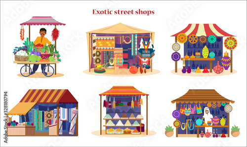 Vector set of exotic street shops in flat cartoon style. Asian market set. Vegetables cart with merchant, pottery shop, fabrics and carpets shop, asian sweets, Mexican souvenirs. Trade fair stalls.