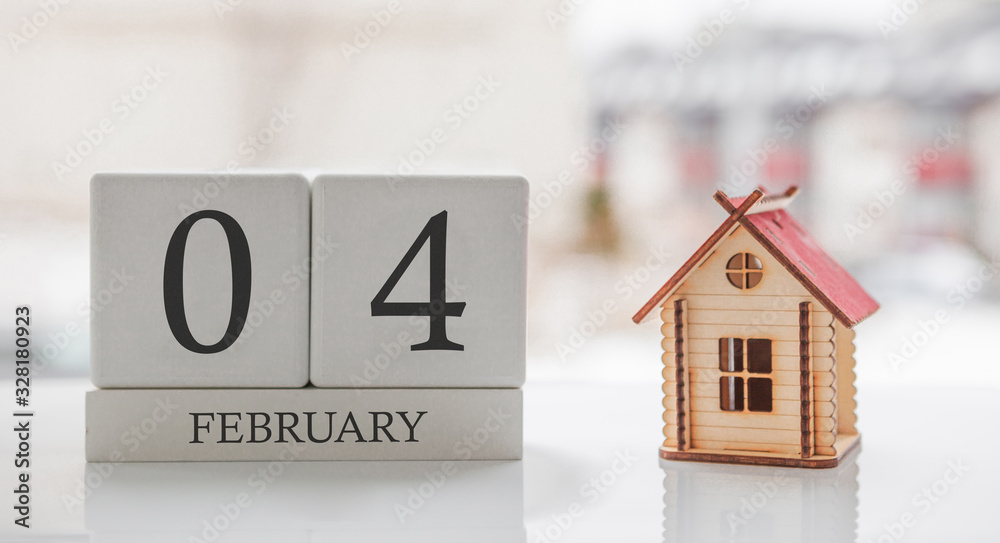 February calendar and toy home. Day 4 of month. Card message for print or remember February calendar and toy home. Day 4 of month. Card message for print or remember